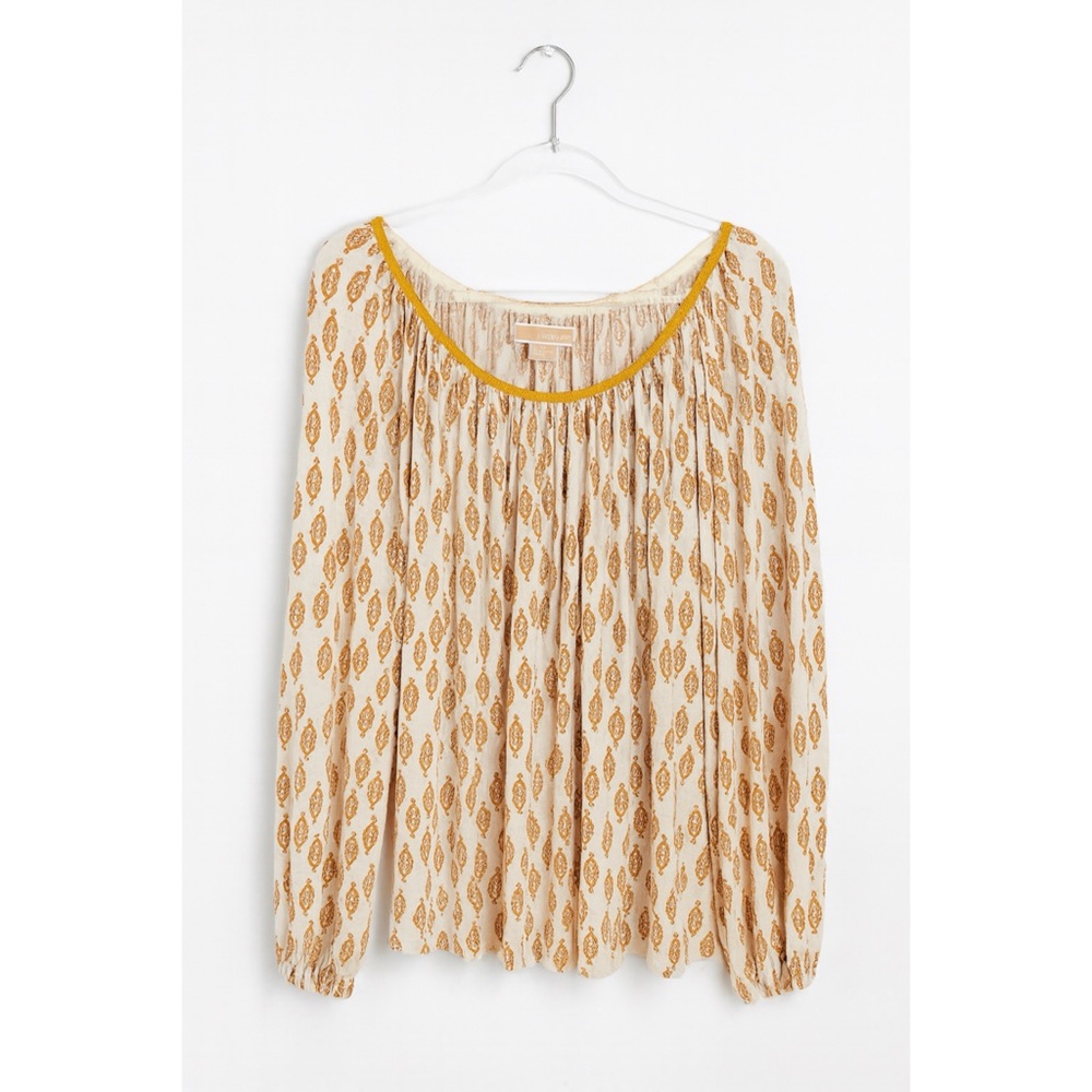 Michael Kors Gold Geometric Print Top Gold Neckline Trim, Size M